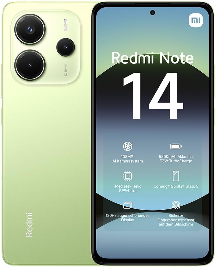 Xiaomi Redmi Note 14 Smartphone, 8 + 256GB, Green, 108MP AI-Kamerasystem, 5500mAh Akku, 120Hz Augenschutzdisplay, AI-Funktionen (kein Ladegerät enthalten)