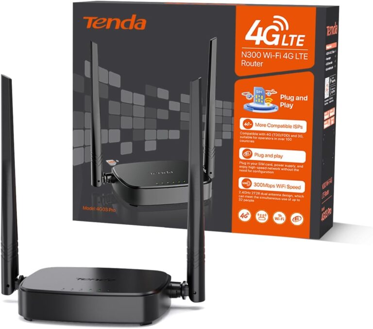 Tenda 4G03 Pro 4G LTE Router, WLAN Router für Nano-SIM-Karten (N300 CAT4, 150 Mbit/s im Download, 300 Mbit/s 2,4GHz) 2*4dBi Antennen, Plug & Play, Fast-Ethernet-Port, App, Router Modus, LED, Schwarz