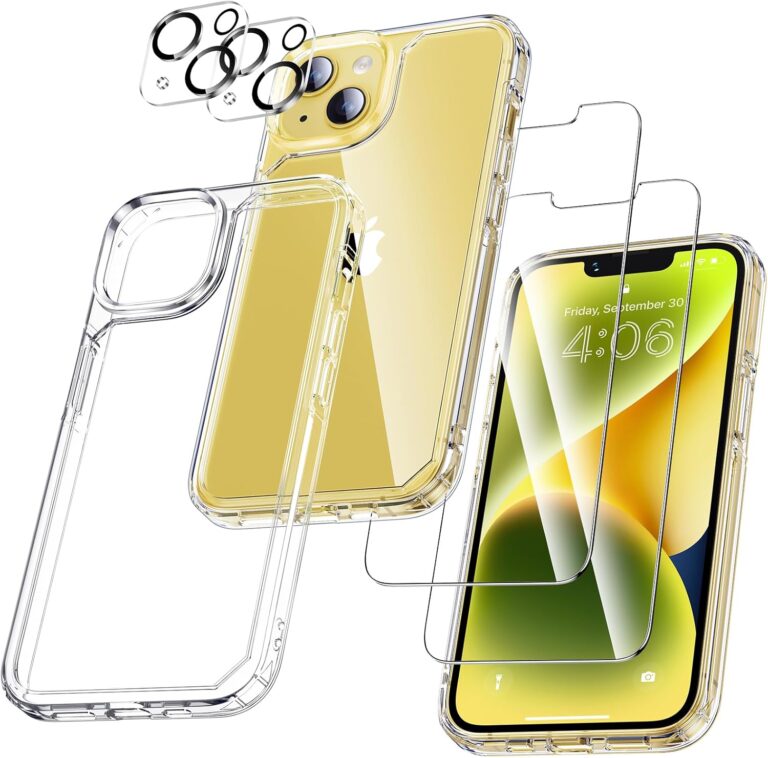 UniqueMe für iPhone 14 Hülle, 5-in-1-Set Handyhülle für iPhone 14 Case Rundumschutz Schutzhülle Cover, 1 Handyhülle & 2 Schutzfolie & 2 Kameraschutz – Transparent