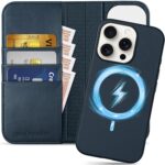 SHIELDON Hülle für iPhone 16 Pro, Abnehmbare Handyhülle [Echtleder] [kabelloses Laden] [RFID Blocker] [Kartenfach] [Magnet] 2 IN 1 Klapphülle Kompatibel mit iPhone 16 Pro 6,3″ – Marineblau