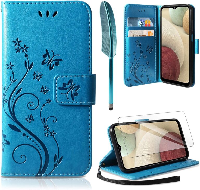 AROYI Lederhülle Kompatibel mit Samsung Galaxy A12 / M12 Hülle und Schutzfolie, Flip Wallet Handyhülle PU Leder Tasche Case Kartensteckplätzen Schutzhülle Kompatibel mit Samsung Galaxy A12 (Blau)