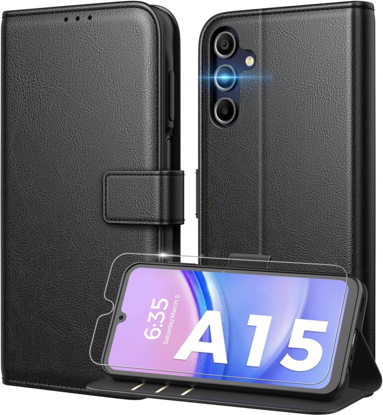 Peakally Handyhülle für Samsung Galaxy A15 5G / A15 4G Hülle [Mit 1 Stück Panzer Schutz Glas] [Premium PU Leder] [RFID-Blockierung] [Kartenfach] Klapphülle kompatibel mit Galaxy A15 – Schwarz
