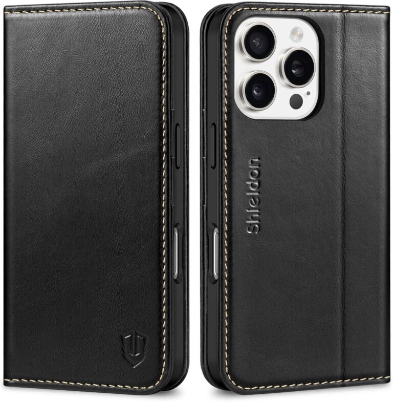 Hülle für iPhone 16 Pro, Stoßfest Schuzhülle [Echtleder] [Kartenfach] [Standfunktion] [Verdicht TPU] Handyhülle Magnetisch Klapphülle Kompatibel mit iPhone 16 Pro 6,3″ – Retro Schwarz