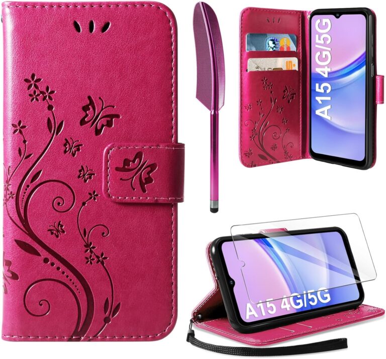 Lederhülle Kompatibel mit Samsung Galaxy A15 5G/4G Hülle und Schutzfolie,Wallet Handyhülle Leder Tasche Kartensteckplätzen Schutzhülle Kompatibel mit Samsung Galaxy A15 5G/4G Rosenrot