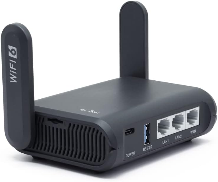 GL.iNet AXT1800 (Slate AX) Klein Gigabit WLAN WiFi 6 Router für Zuhause & Reisen, Geschwindigkeit bis zu 1.800 Mbit/s, Dualband 6, 3 Gigabit LAN Ports, VPN / WPA3 / IPV6, MU-MIMO, OFDMA