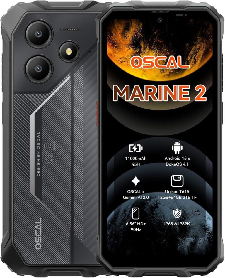 OSCAL Marine 2 Outdoor Handy Ohne Vertrag 2025, 11000mAh 12GB+64GB/2TB, Android 15 Outdoor Smartphone, 6.56″ HD+ 90Hz, 16MP+8MP AI Kamera Baustellenhandy, IP69K Wasserdicht, Dual SIM 4G/NFC/OTG/GPS