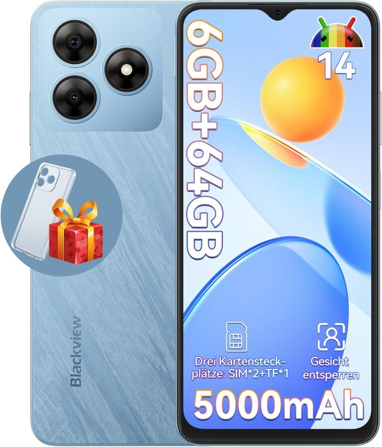 Blackview Wave 8C Handy Ohne Vertrag Günstig Android 14, 6GB+64GB/2TB SD, Octa Core 6,56″ HD+, Akku 5000mAh, 13MP+8MP Kamera, 4G Dual SIM Smartphone Simlockfreie, 3.5mm Jack/GPS/2 Jahre Garantie