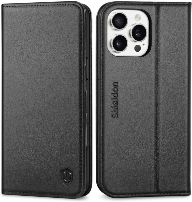 SHIELDON Hülle für iPhone 16 Pro Max, Handyhülle [Echtleder] [Kartenfach] [Stand] [RFID Blocker] Stoßfest Magnet Schutzhülle TPU Lederhülle Kompatibel mit iPhone 16 Pro Max 6,9″ – Schwarz