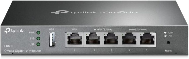 TP-LINK ER605 5 Port Dual/Multiple WAN VPN Router(bis zu 4 Gigabit WAN Ports, hochsicheres, Omada SDN, zentrales Management, intelligente Überwachung, Firewall) schwarz, ideal für Büronetzwerk
