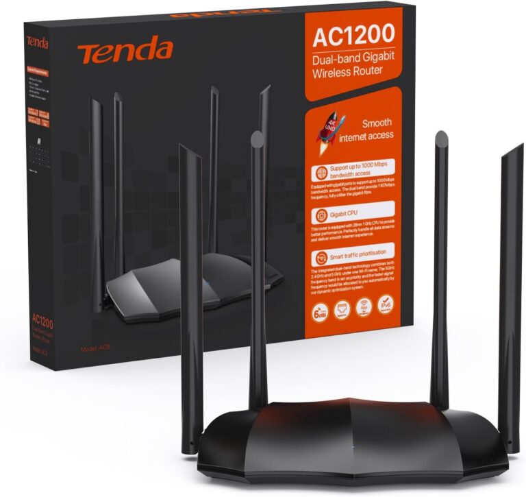 Tenda AC8 Dualband WLAN Router (867Mbit/s 5GHz+300Mbit/s 2,4GHz) 4x6dBi Antennen, 3-Gigabit-LAN/WAN-Port, Repeater&Access Point Modus, MU-MIMO, APP, IPv6, WPS, unterstützt Keine DSL-Funktion, Schwarz