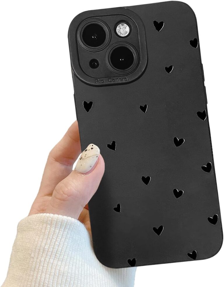 POTOK Handyhülle für iPhone 14 Schwarz matt mit Kameraschutz, Niedlich Herz Schutzhülle Design für Frauen Mädchen, Kratzfeste Schutzhülle für iPhone 14