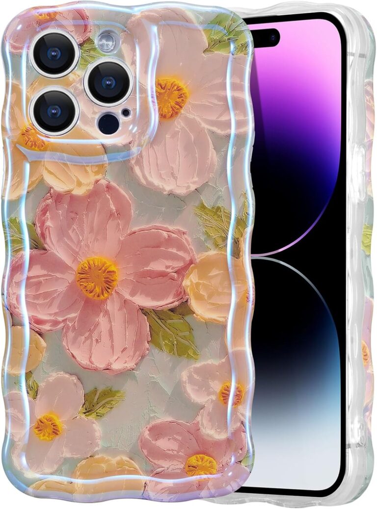 EYZUTAK Handyhülle für iPhone 15 Pro Max,Bunte Vintage Ölgemälde Blume Handyhülle mit Glitzer Laserblume Hülle Lockiges Silikon Case mit Anti-Kratzen Stoßfeste Schutzhülle Bumper Cover-Grün