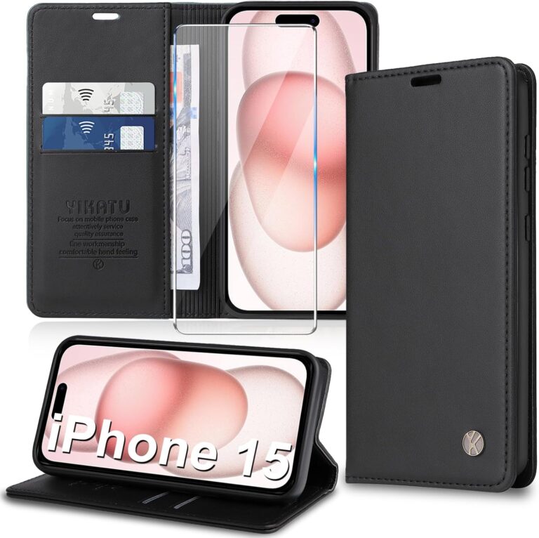 Handyhülle für iPhone 15 Hülle [mit Schutzfolie][Premium PU Leder] Klapphülle Kartenfach Magnetic Ständer Flip Case Cover Etui Tasche Schutzhülle für iPhone 15 6.1“ (Black)