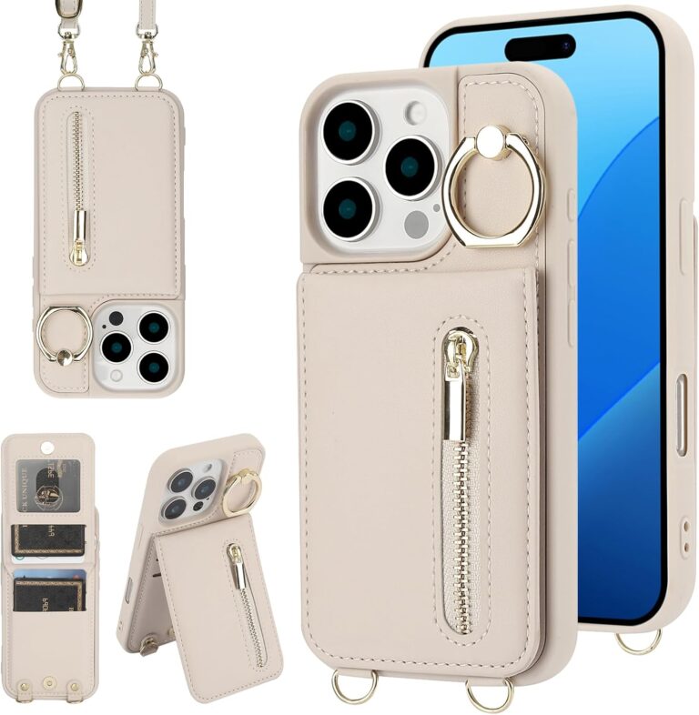 Jcxtrombulous Hülle für iPhone 16 Pro Hülle Stoßfeste Handyhülle mit Verstellbarer Halskette RFID Reißverschluss Geldbörse Etui mit Kartenfach mit Band Ring Ständer Case für Frauen-Beige