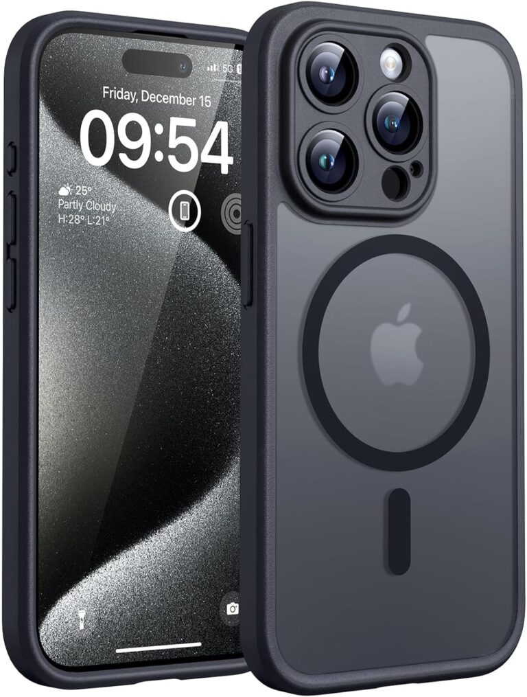 TOCOL für iPhone 15 Pro Max Hülle für Magsafe, Vollständiger Kameraschutz Stoßfest Kratzfest Transluzente Rückseite Magnetisch Handyhülle für iPhone 15 Pro Max Case, Schwarz