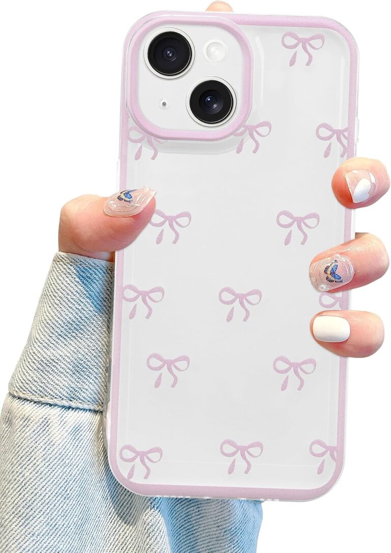 Jusy Kompatibel mit iPhone 13 Hülle,Süße Klar Rosa Schleifenmuster Schöne Weiche TPU Telefonhülle Vollständiger Kameraschutz Handyhülle für Frauen Mädchen – Rosa