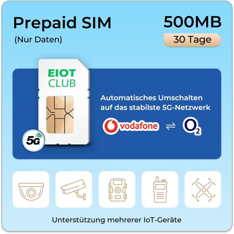 EIOTCLUB Prepaid SIM Karte für 5G/4G LTE-Überwachungskamera, Wildkamera, WiFi Router, Unterstützt Vodafone, O2-Netzwerk, SIM-Karte Nur Daten, Ohne Vertrag, Ohne Registrierung