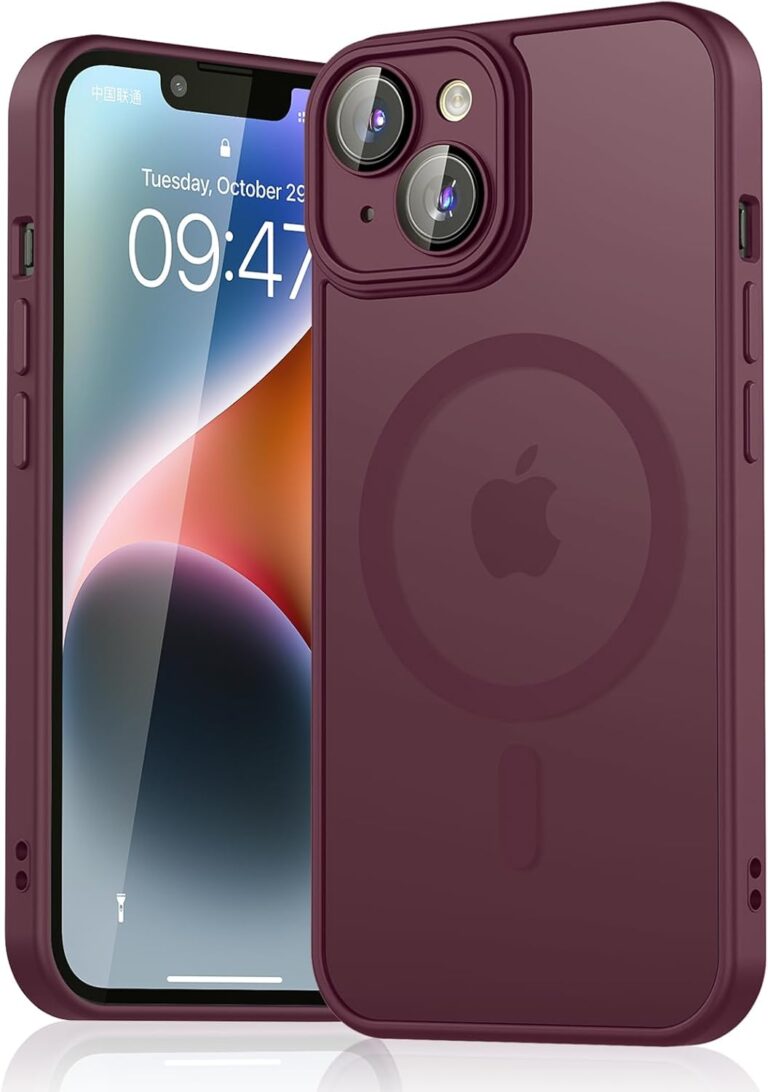 Mugust Magnetisch Hülle für iPhone 14 Hülle, Matt Handyhülle Kompatibel mit MagSafe, Mattierte Durchscheinende Rückseite Schutzhülle Handyhülle für iPhone 14 (Weinrot)