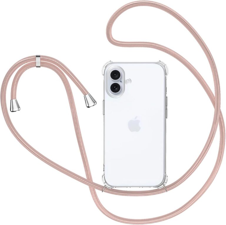 XTCASE Hülle für iPhone 16 mit Band, Transparent Silikon Handyhülle für iPhone 16 mit Kette Stossfest Schutzhülle – Schnur mit Case zum Umhängen in Roségold