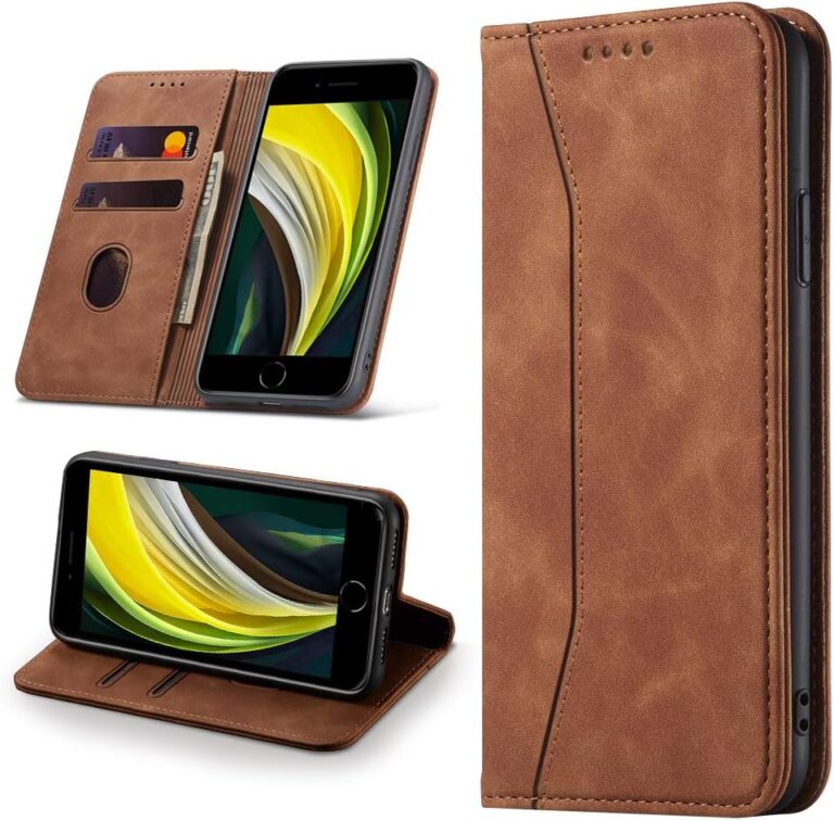 Leaisan Handyhülle für iPhone SE 2022/iPhone SE 2020 Hülle, iPhone 8/iPhone 7 Hülle Premium Leder Flip Klappbare Stoßfeste Magnetische [Standfunktion] [Kartenfächern] Schutzhülle Tasche – Braun