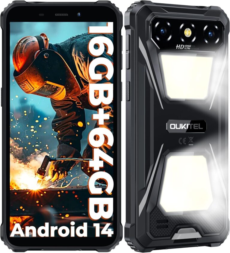 OUKITEL G5 Outdoor Handy mit Doppel-Campinglicht, Android 14 Outdoor Smartphone Ohne Vertrag 6300mAh, 6.0” HD,16GB + 64GB/1TB,13MP+5MP Kamera, IP68 Wasserdicht, Dual SIM/GPS/OTG/Face ID/BT5.0, Schwarz